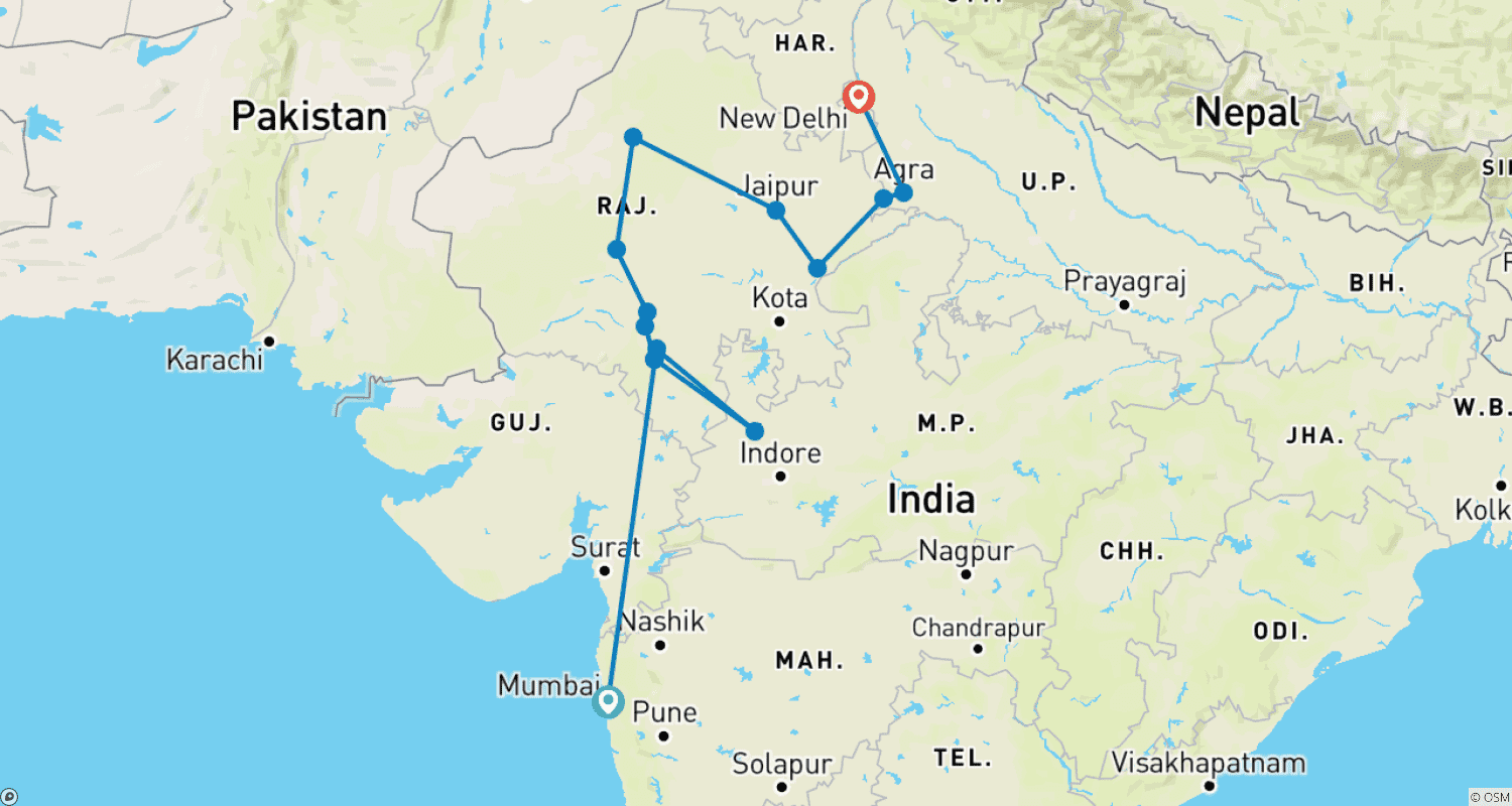 ラジャスタンを巡る旅のルートマップ
