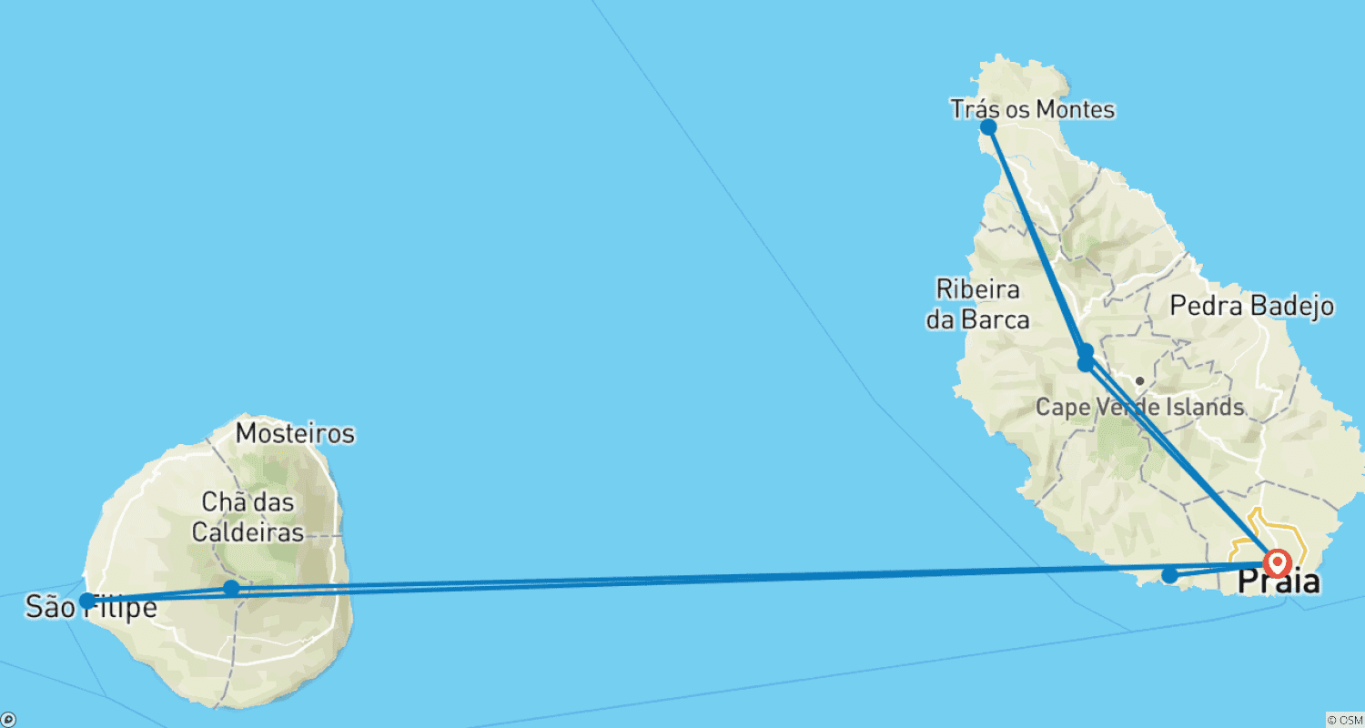 Mapa do percurso de Sabores locais de Cabo Verde: Ilhas de Santiago, Maio e Fogo - 10 dias