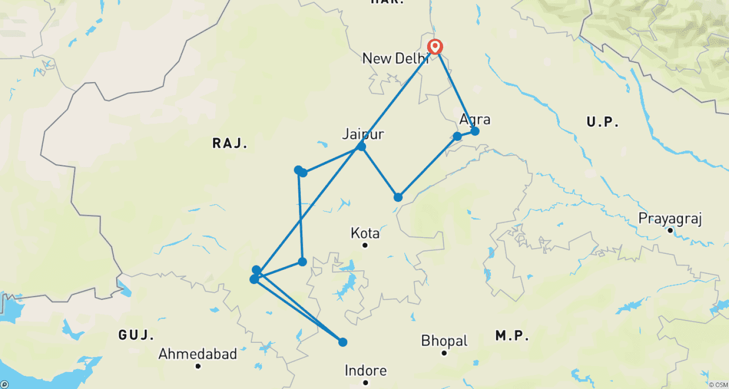 Rajasthan Tour with Ranthamboreのルートマップ