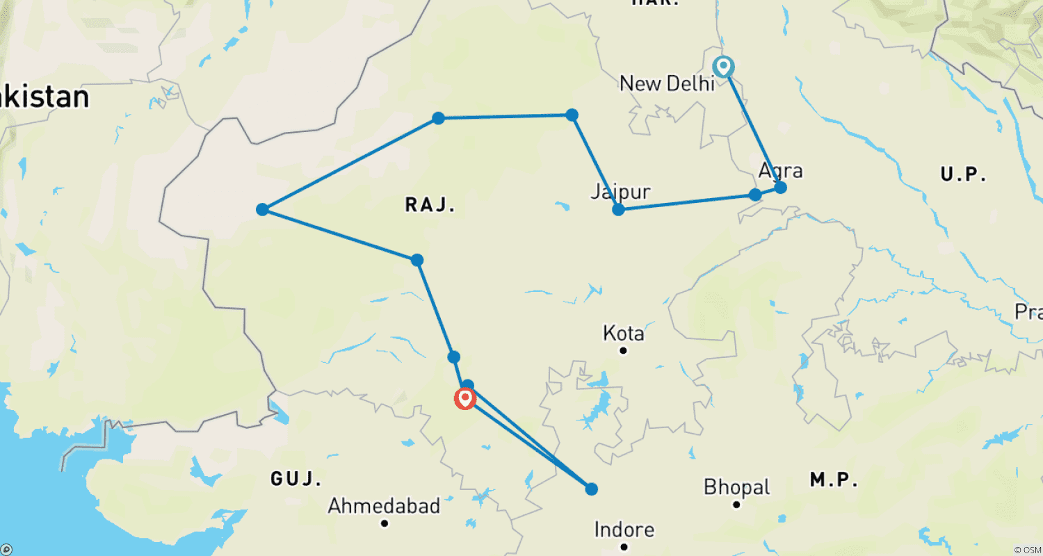 Mapa do percurso de Excursão ao Rajastão saindo de Deli