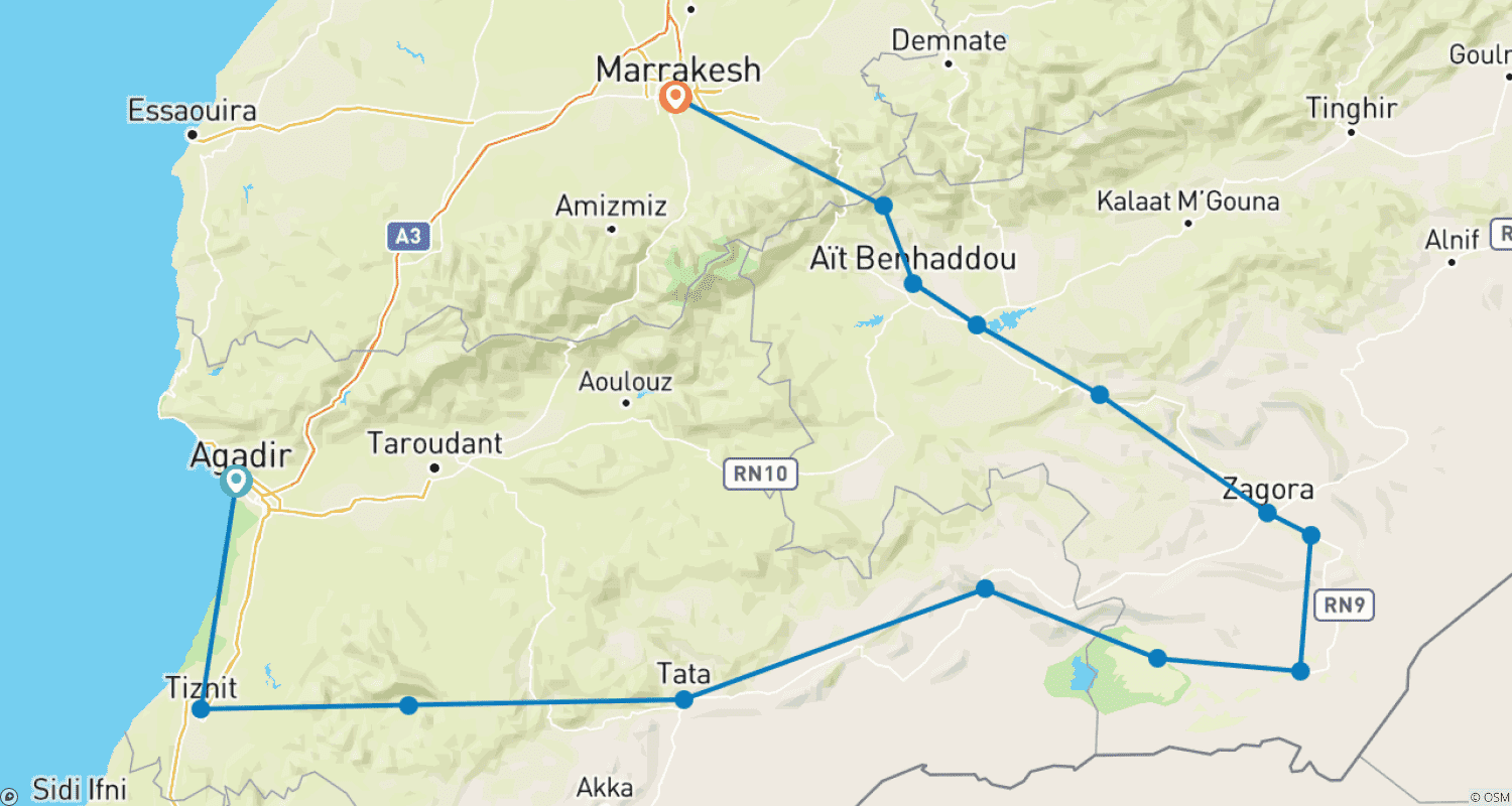 Mapa do percurso de Tour Privado de 4 Dias de Agadir a Marrakech com pernoite em Acampamento de Luxo no Deserto em Erg Chegaga (Tour Privado)