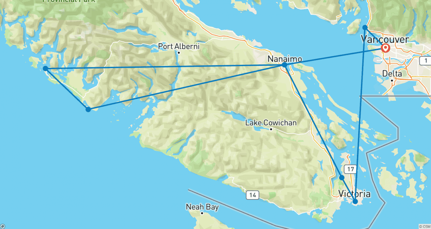 Mapa do percurso de Vancouver 4 Days island Adventure Tour Vancouver, Victoria, Ucluelet, Tofino and Nanaimo