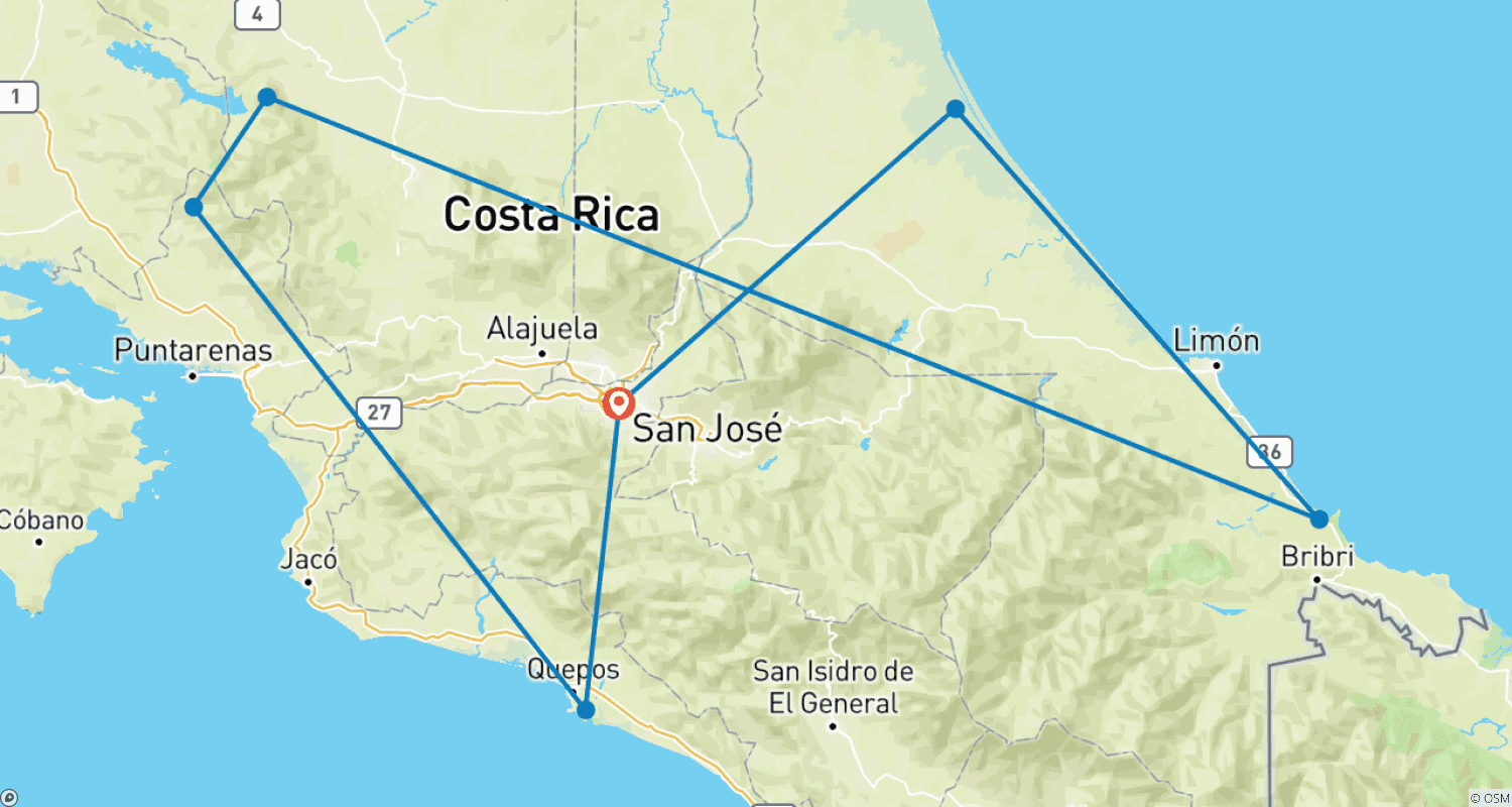Mapa do percurso de Tour pela Costa Rica "Fly & Drive"