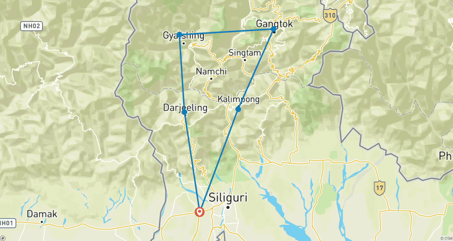 Mapa do percurso de Delícia do Nordeste - Sikkim e Bengala (Um Tour Econômico)