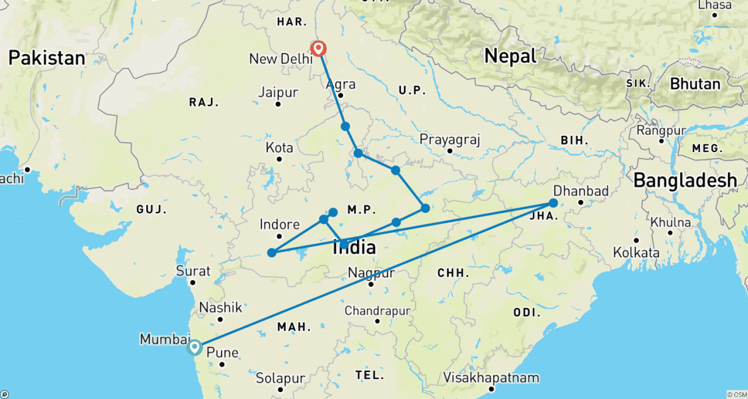 Mapa trasy: Najważniejsze atrakcje stanu Madhya Pradesh