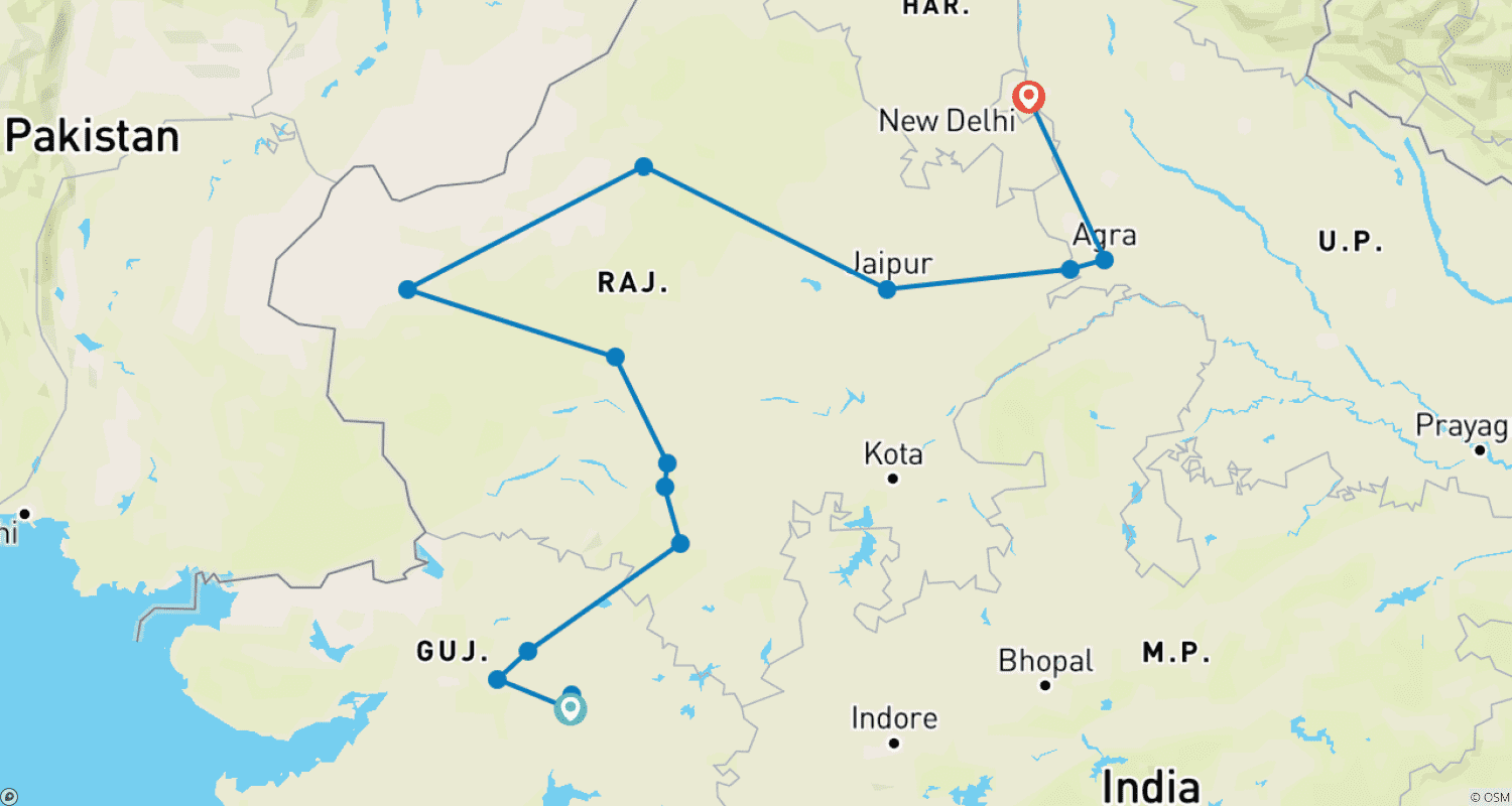 Mapa do percurso de Encantador Rajastão com Gujarat