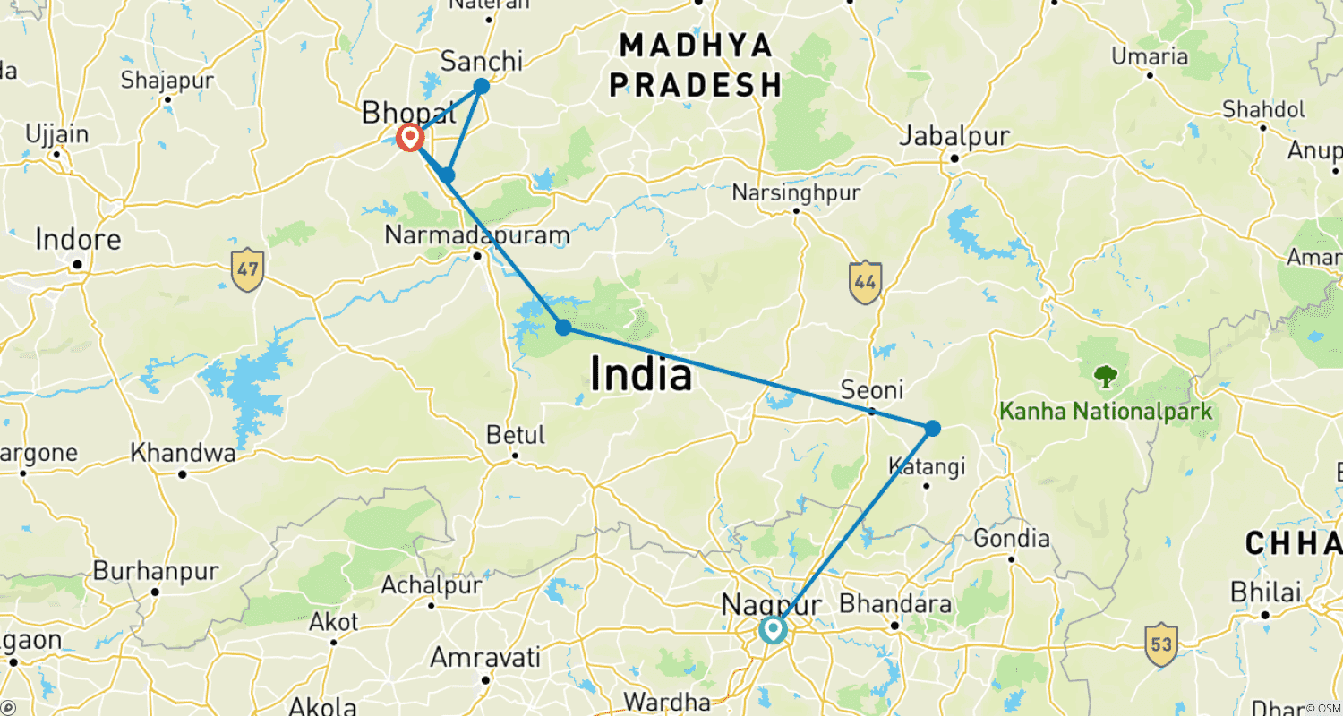 Mapa trasy: Nagpur do Bhopal przez Pench & Satpura National Park