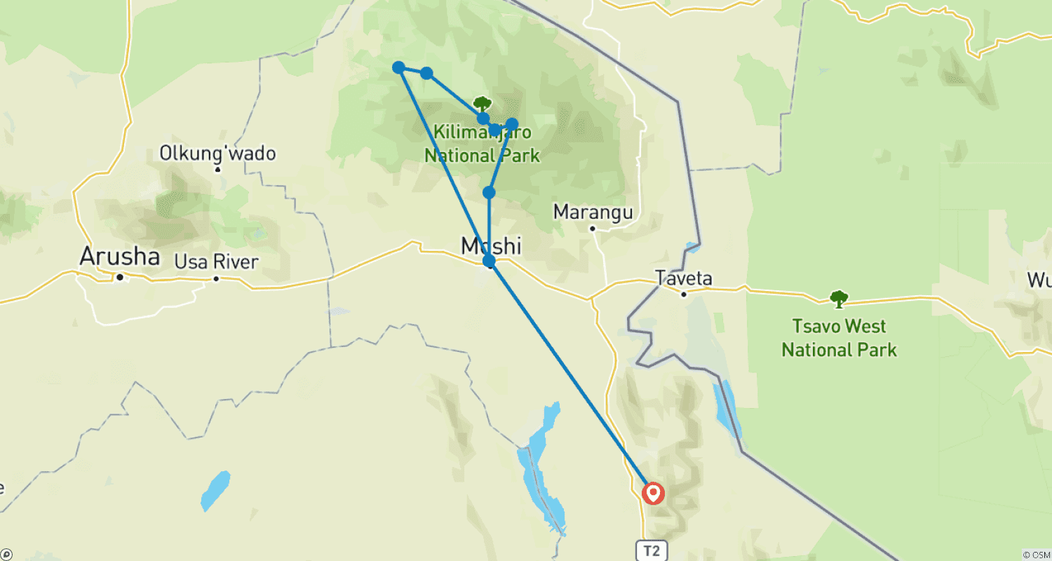 Mapa do percurso de Suba o Kilimanjaro – Lemosho 9 Dias | Caminhada Cênica e Moderada com Guias Especialistas