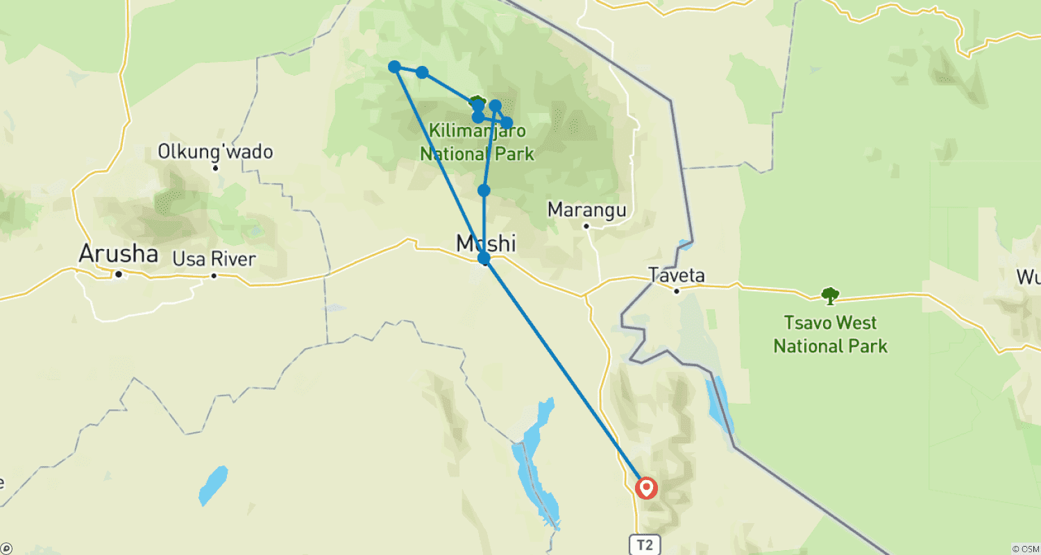 Mapa do percurso de Suba o Kilimanjaro – Lemosho 7 Dias | Caminhada Cênica e Moderada com Guias Especialistas