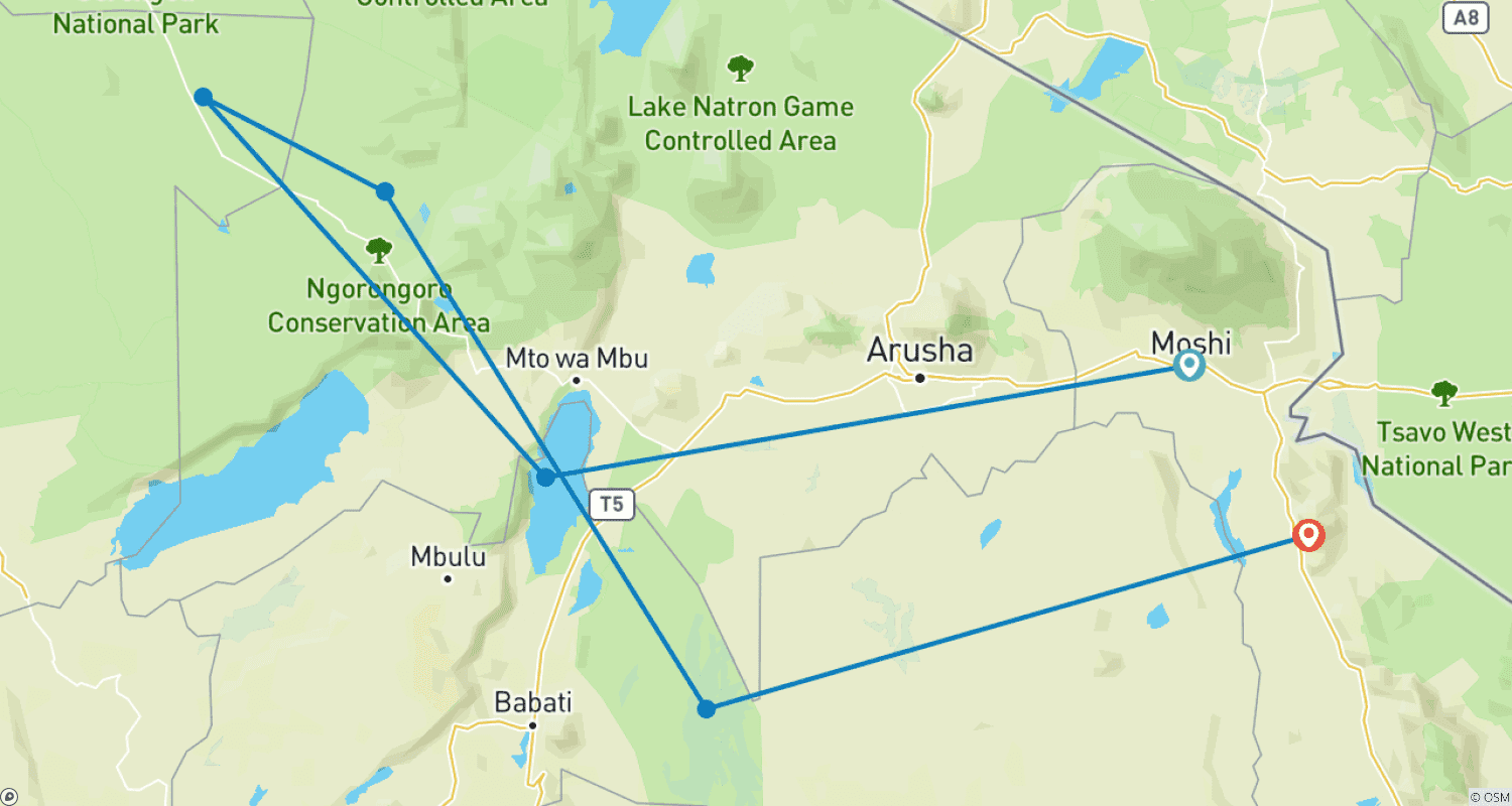 Mapa trasy: Klasyczne safari Big Five w Tanzanii **Zrównoważone podejście do podróży**