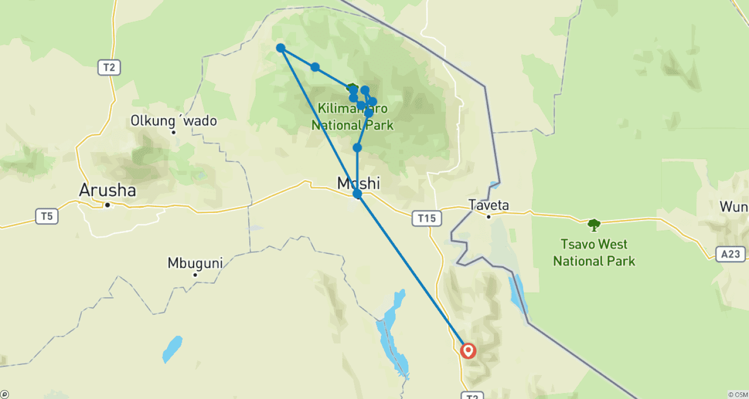 Kilimanjaro Lemosho Route 経由 登山のルートマップ