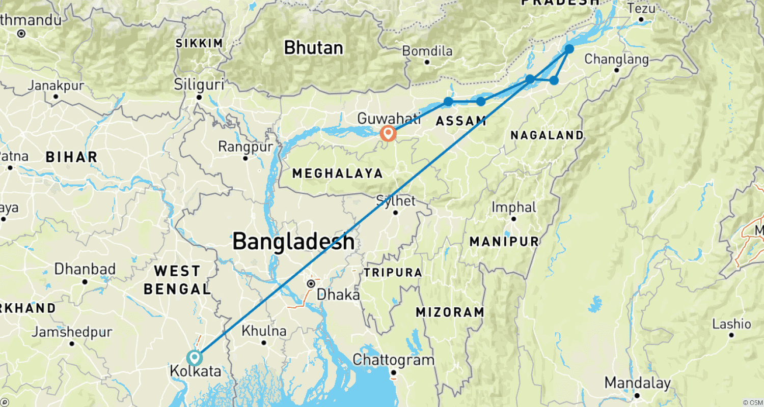 Mapa do percurso de Cruzeiro no Brahmaputra com Tour pelo Norte da Índia