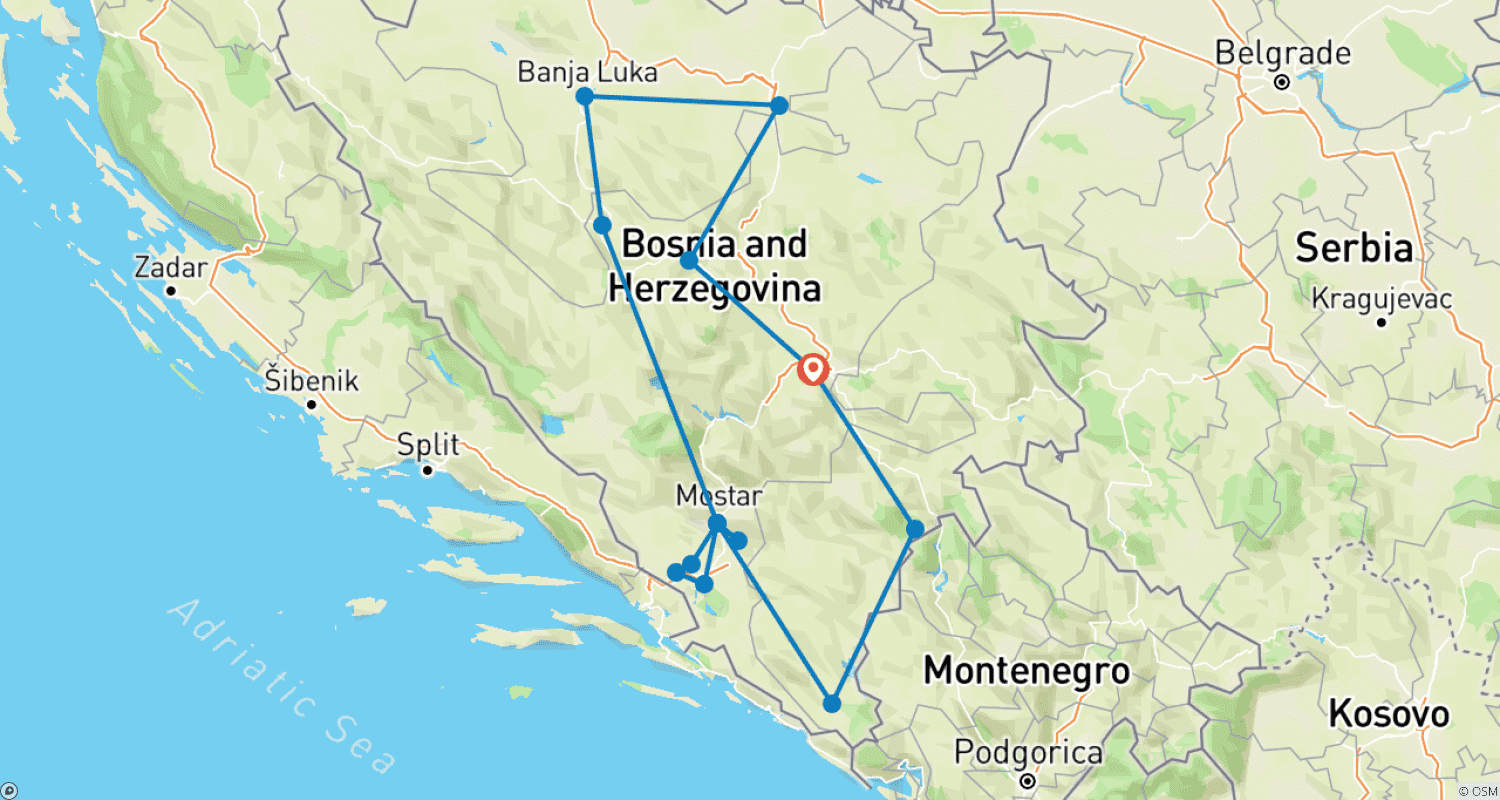 Astonishing tour in Bosnia and Herzegovina: UNESCO sites and other top destinations on a 11-days tour from Sarajevoのルートマップ