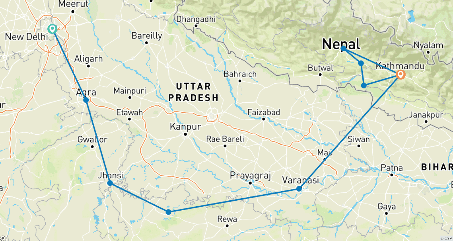 インドとネパールの情景のルートマップ