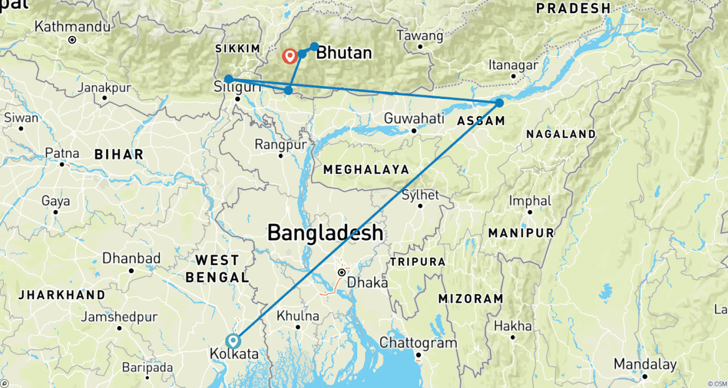 Northeast India with Bhutanのルートマップ