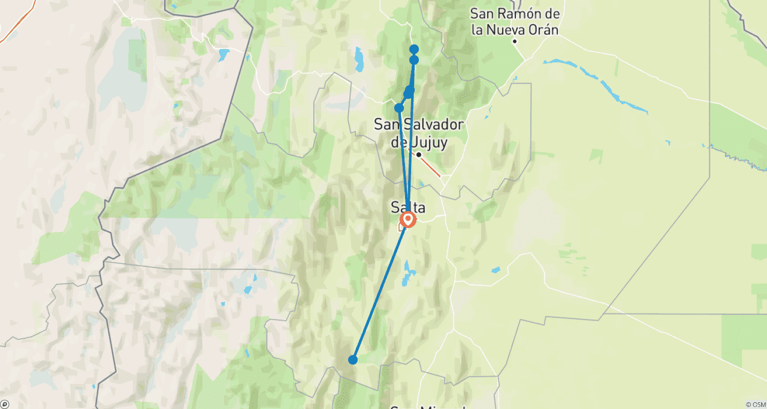 Mapa do percurso de 4 Dias em Salta: Vale de Humahuaca e Vinícolas de Cafayate