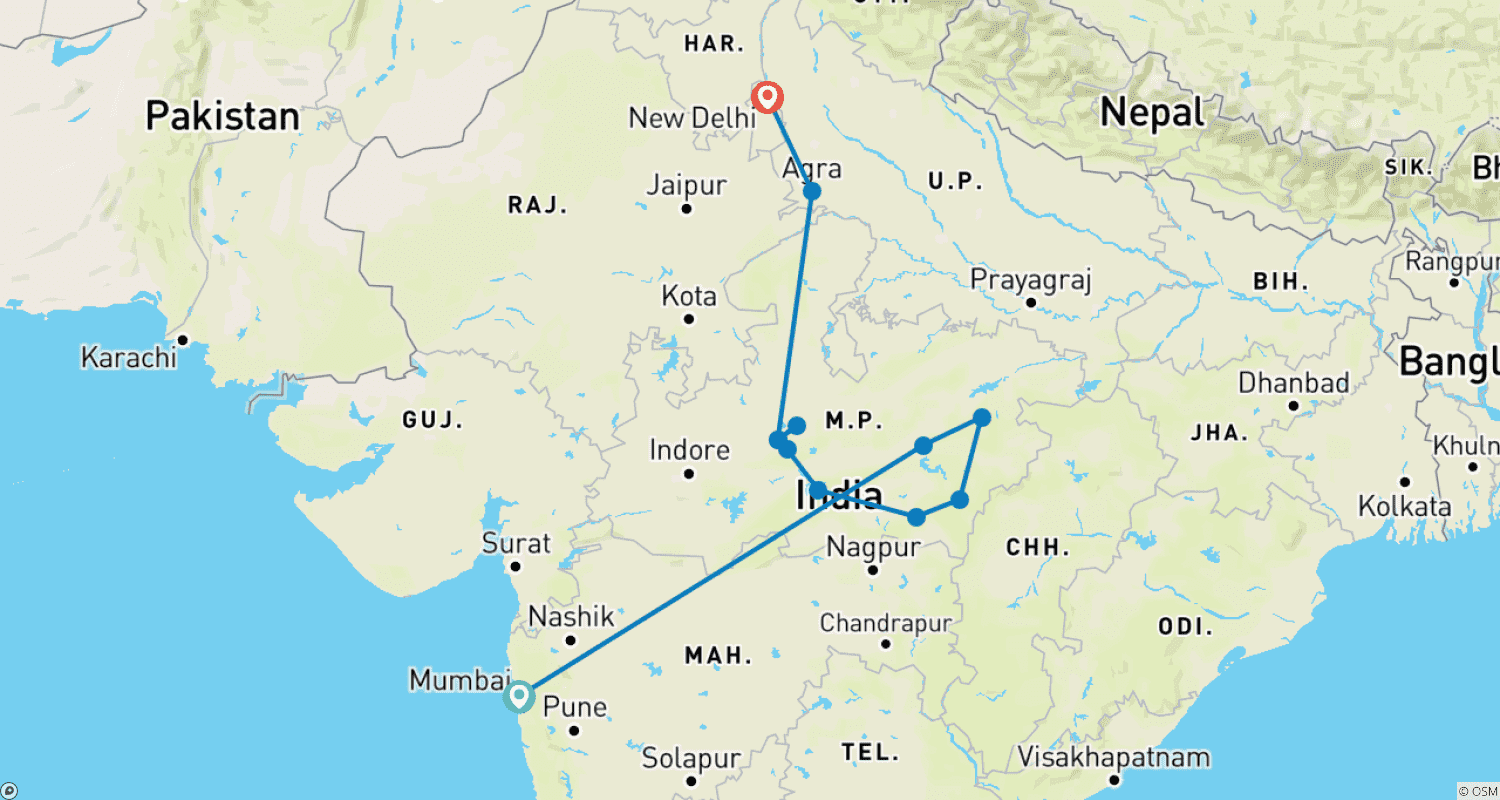 Mapa do percurso de Tiger Safari & Marvelous Monuments of India