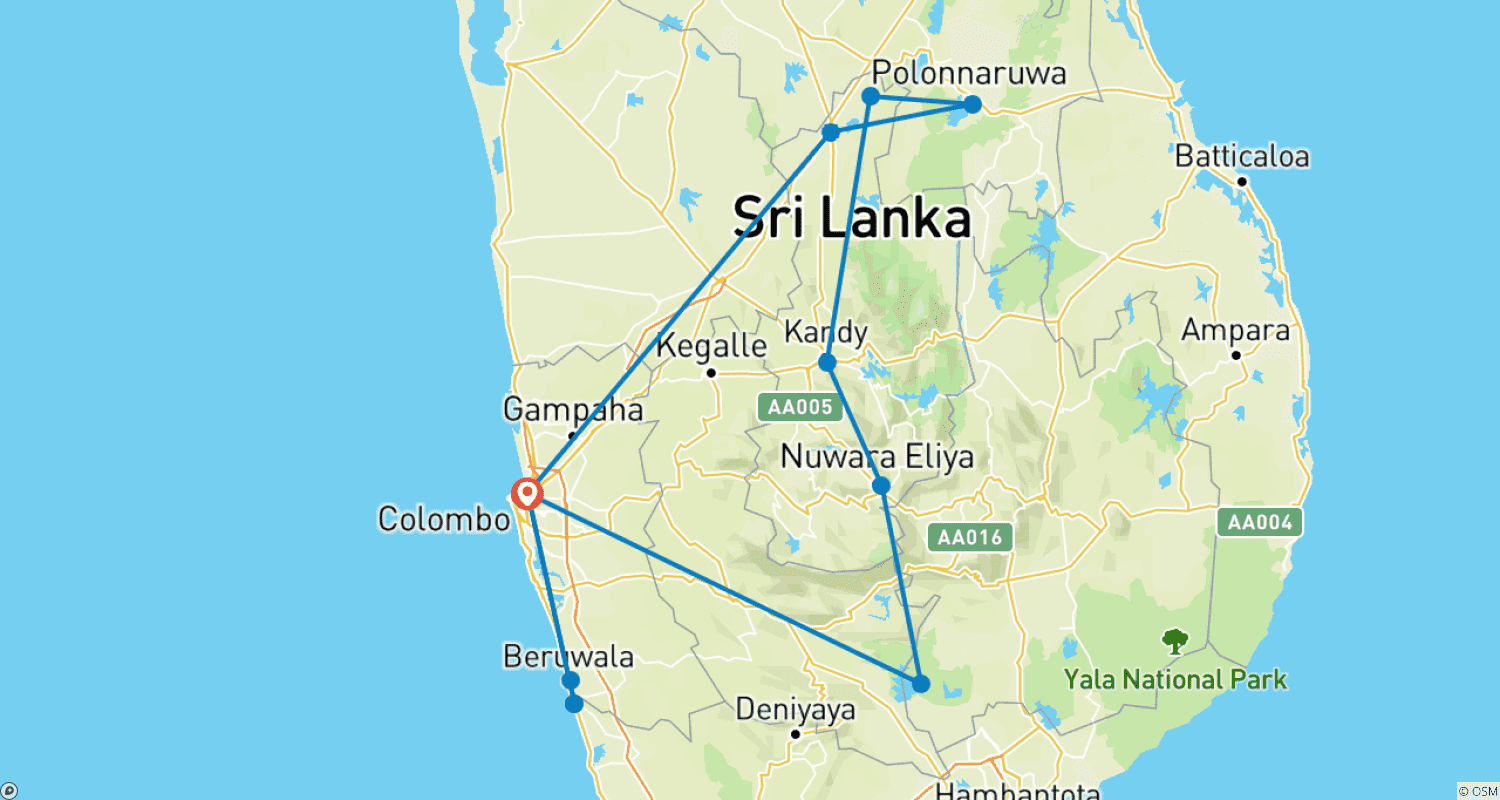 Mapa do percurso de Excursão ao Sri Lanka com Hotéis de Luxo
