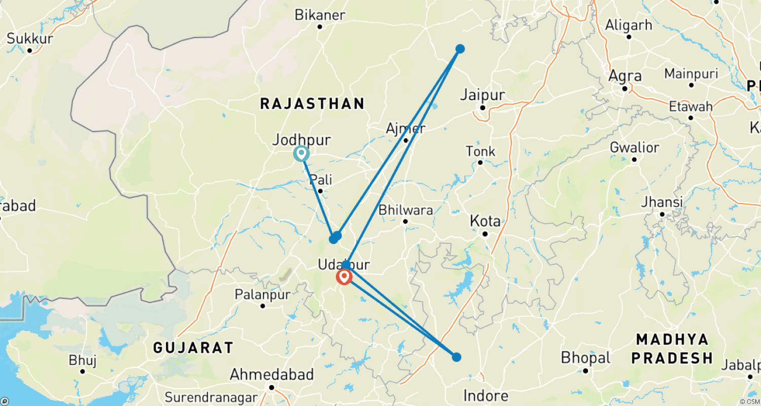 Mapa do percurso de Excursão Jodhpur, Ranakpur, Kumbhalgarh e Udaipur