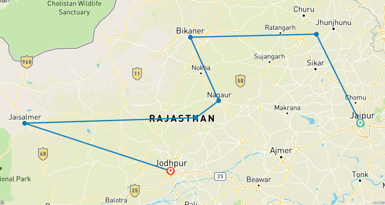 Jaipur to Jodhpur via Sand Dune Cities of Mandawa, Bikaner, Khimsar & Jaisalmerのルートマップ