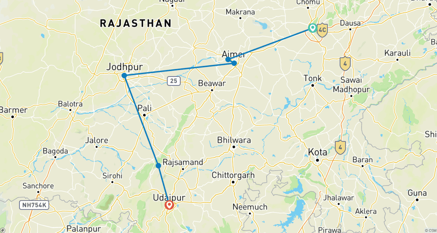خريطة مسار Best of Rajasthan (Jaipur, Pushkar, Jodhpur, Bishnoi Village, Ranakpur, Udaipur)