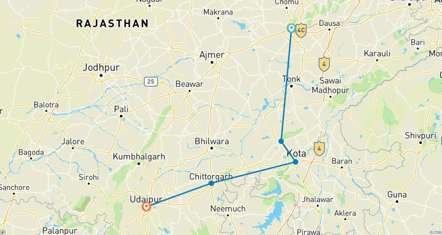 Mapa trasy: Jaipur do Bundi, Kota, Jhalawar, Chittorgarh i Udaipur - Autentyczna wycieczka po Radżastanie