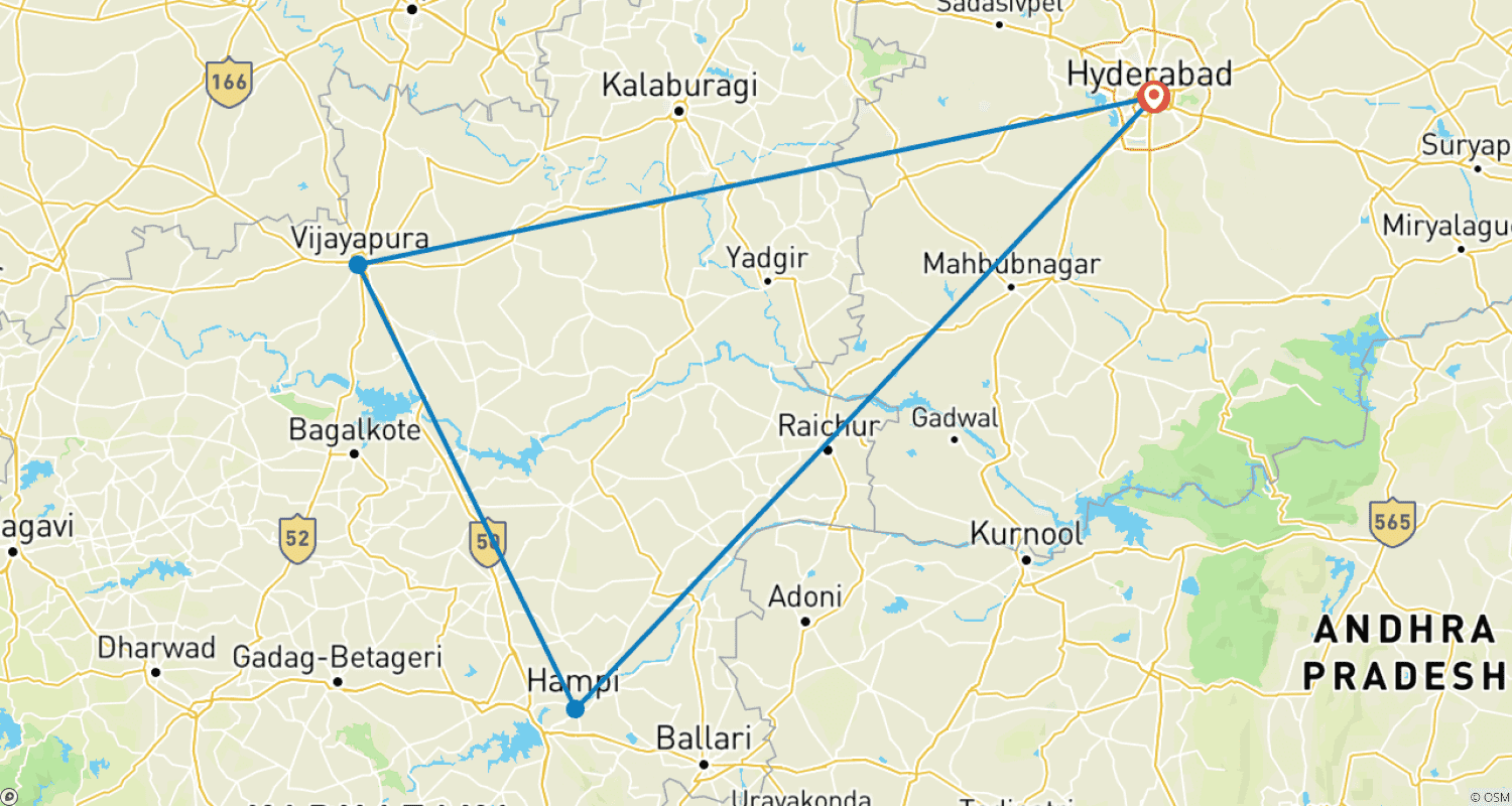 Mapa do percurso de Hyderabad, Bijapur e Hampi