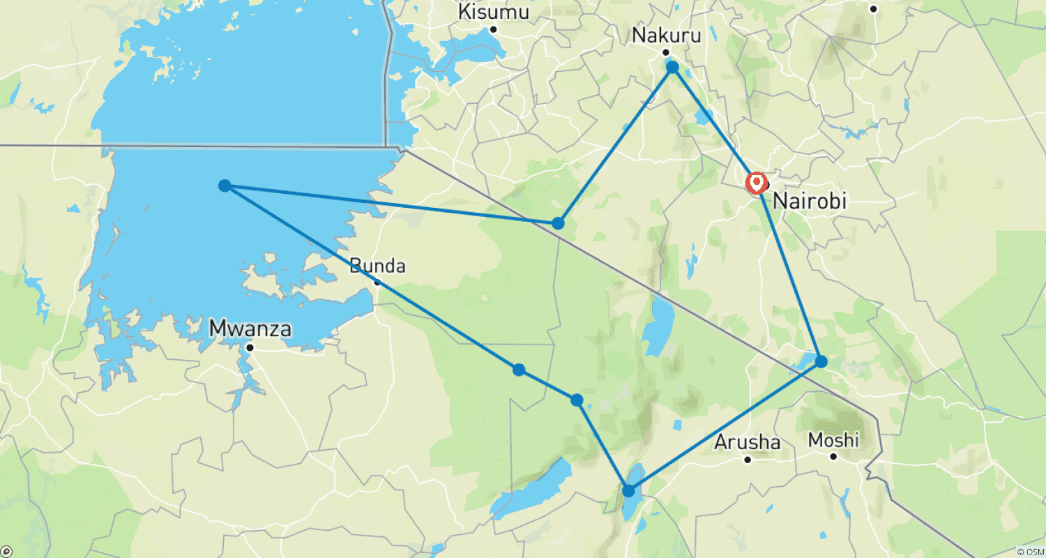 خريطة مسار 14-Day Jewel of African Safari Maasai Mara and Serengeti-