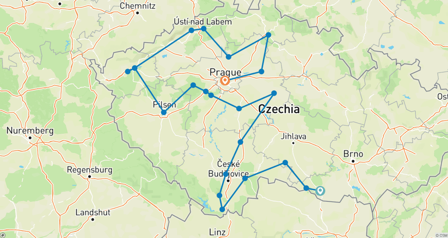 خريطة مسار Superb grand tour in Czech Republic: UNESCO sites and other top destinations on a 22-days tour from Vienna