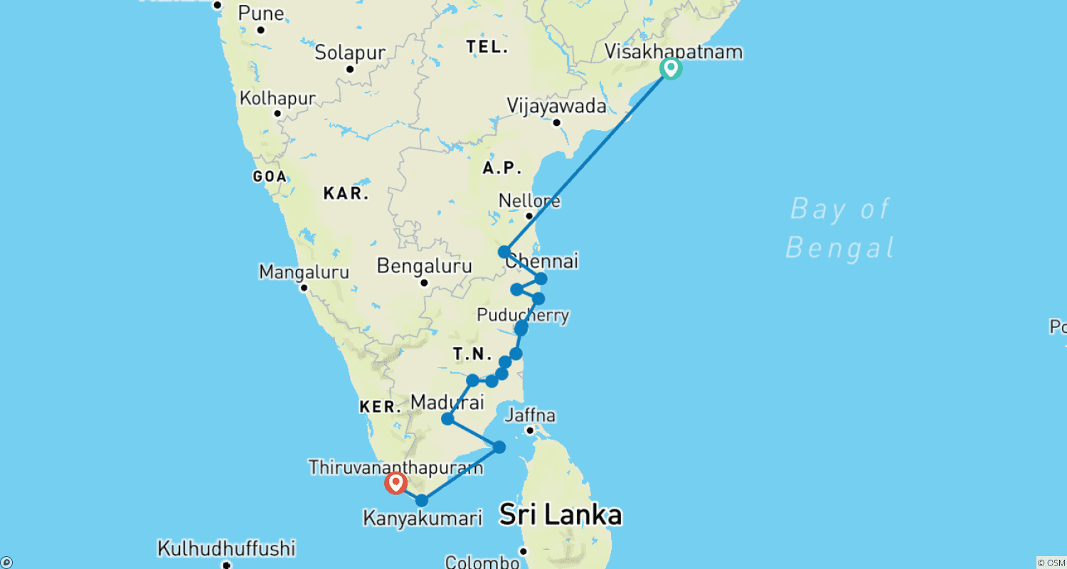 خريطة مسار Vizag to Kovalam East Coast & Temple of Tamilnadu