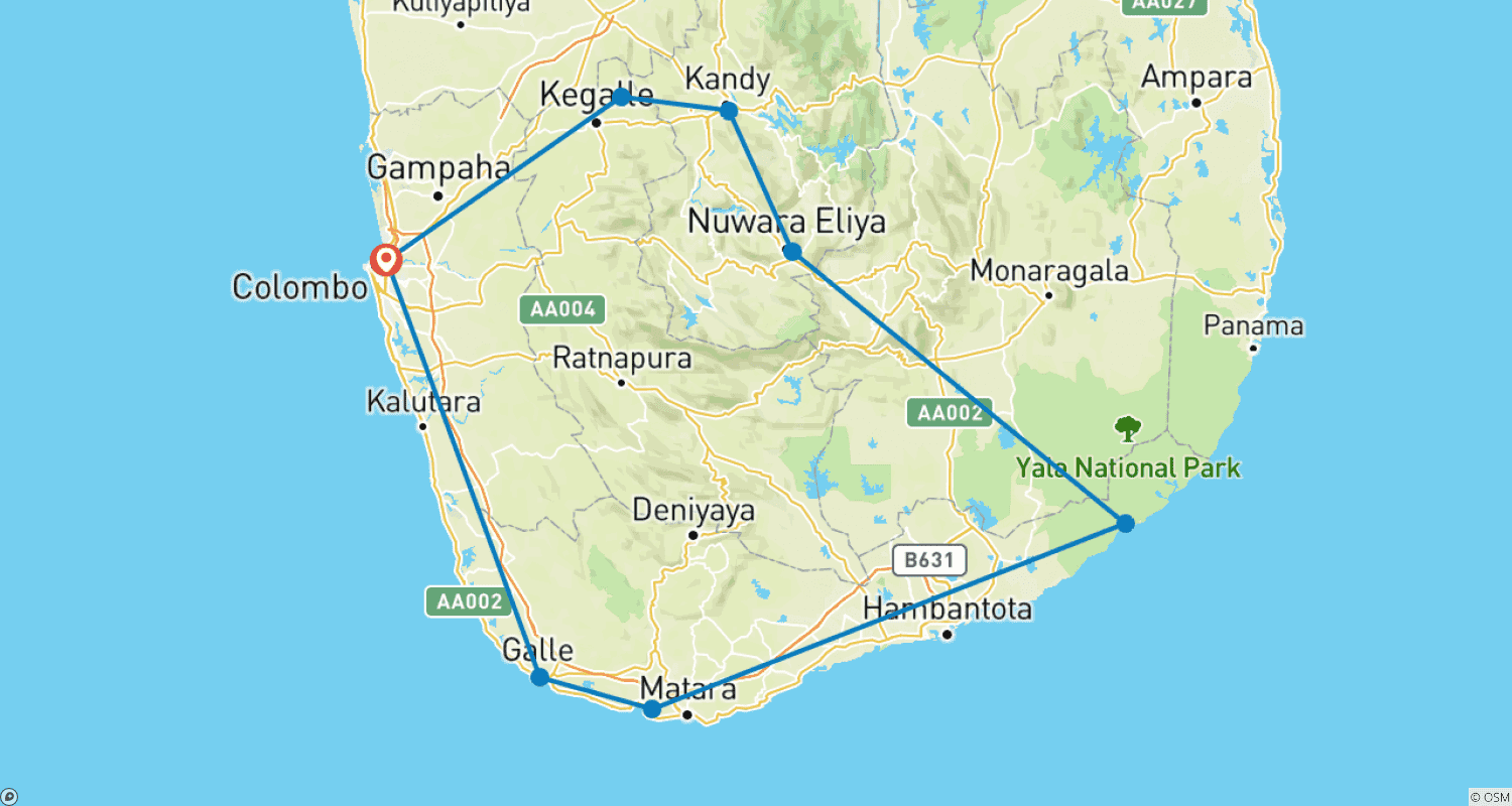 Mapa do percurso de Roteiro de 4 Noites e 5 Dias no Sri Lanka
