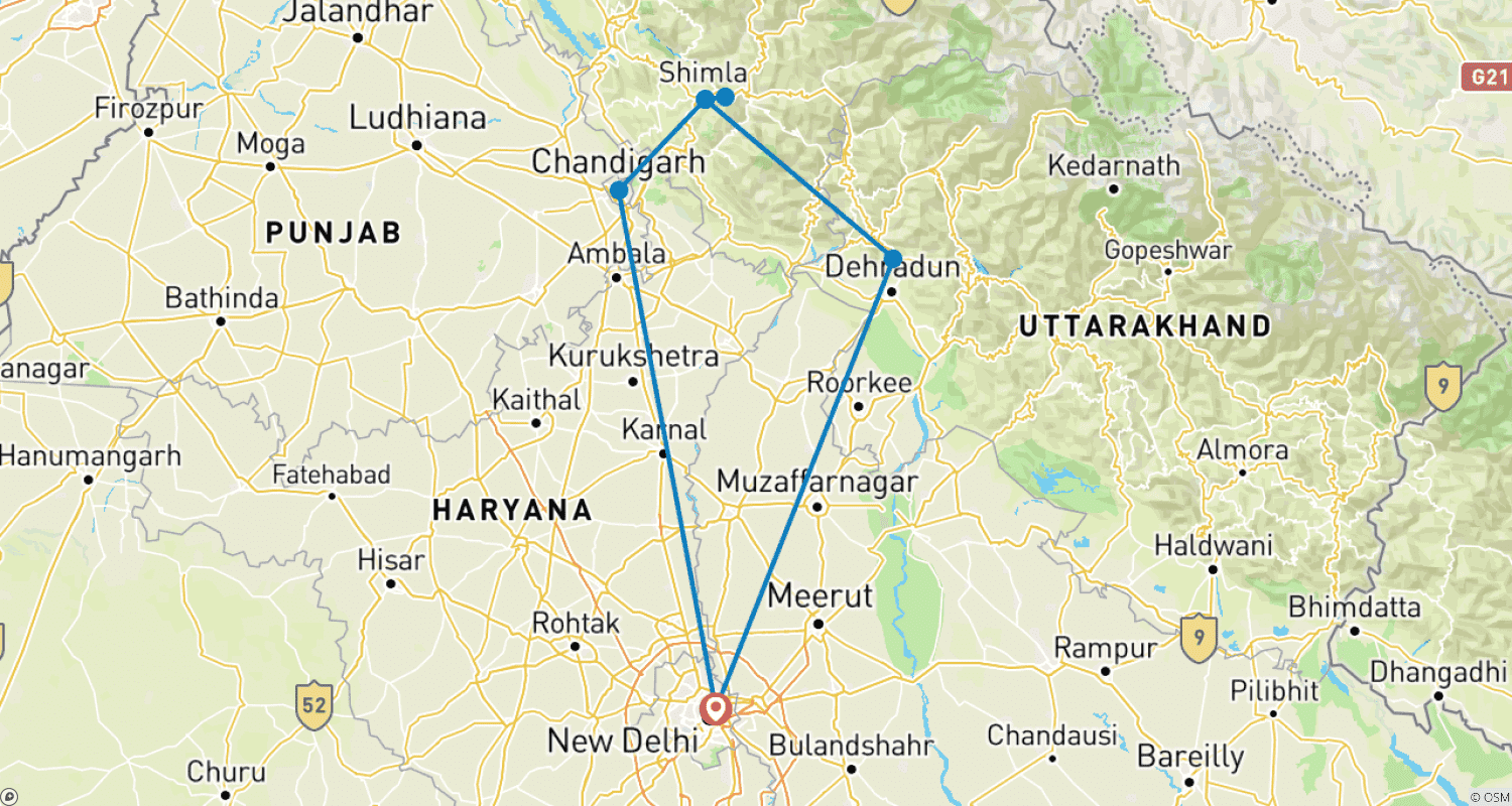 خريطة مسار Colonial Hill Station in North India