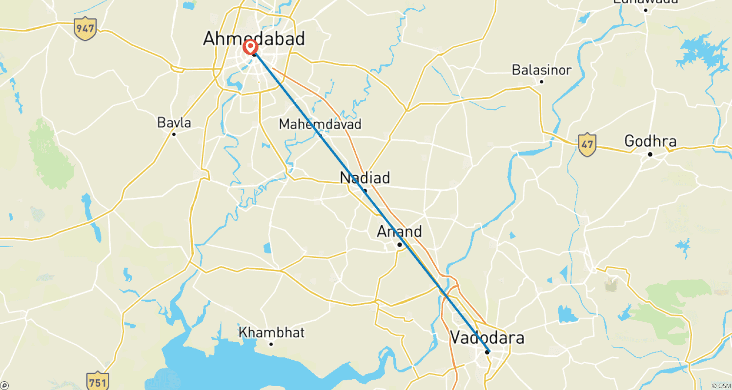 Mapa trasy: Vadodara do Ahmedabad: Wycieczka po tętniących życiem miastach Gujarat