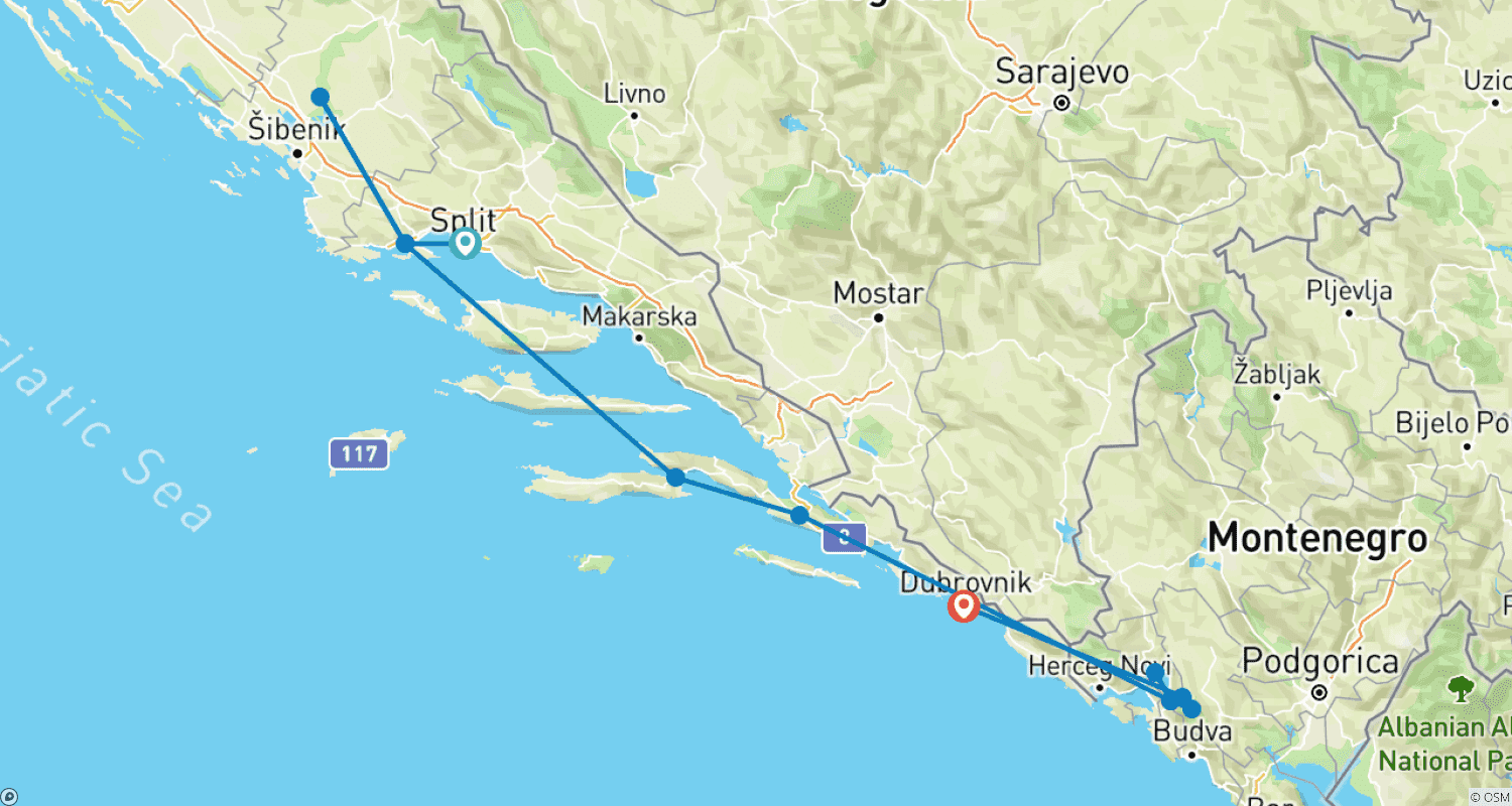 Mapa do percurso de Croácia e a Costa da Dalmácia 2023
