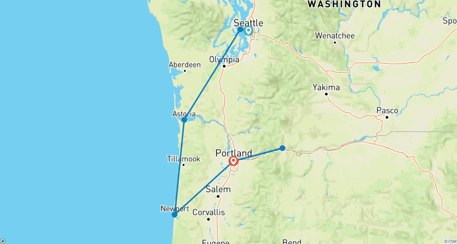 Mapa do percurso de Seattle, Portland e a Costa do Oregon Cênicas