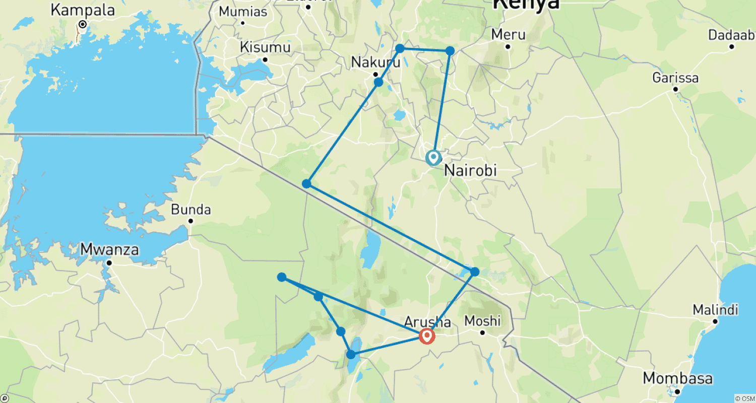 Kenya & Tanzania: The Safari Experienceのルートマップ