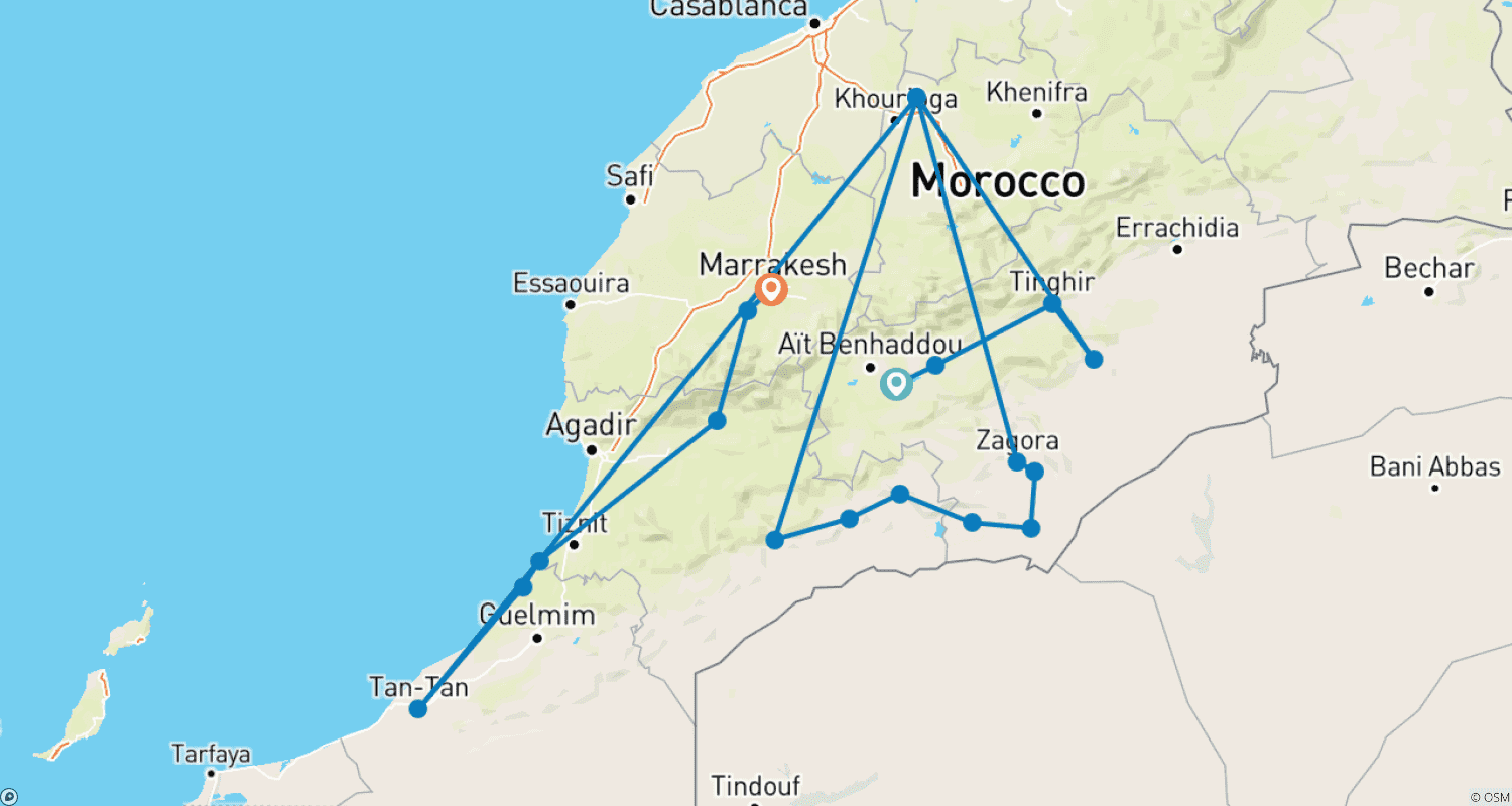 Mapa do percurso de Aventura de 11 dias de Big KTM no Deserto, de Ouarzazate, através do deserto e das Montanhas Atlas, até Marraquexe