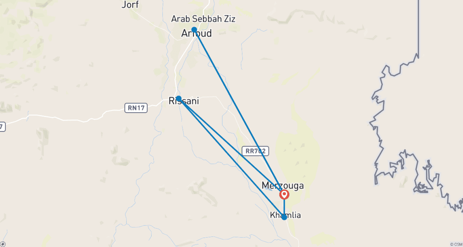 خريطة مسار مغامرة صحراوية بـ KTM لمدة 5 أيام في مرزوكة وعرق الشبي: استكشف طريق رالي داكار الشهير