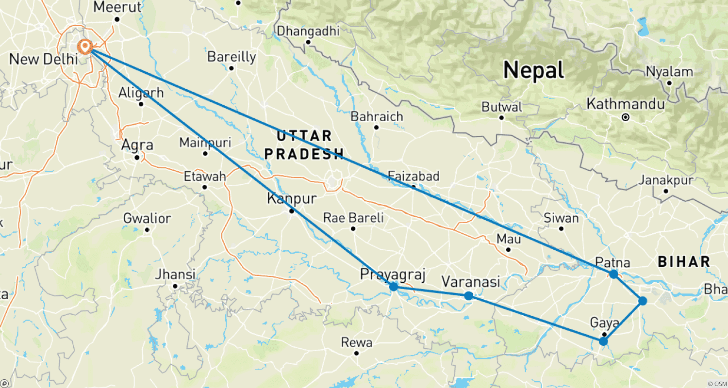 Mapa do percurso de Tour Espiritual (2 Jyotirlinga, Mosteiros e Ghats Sagrados)