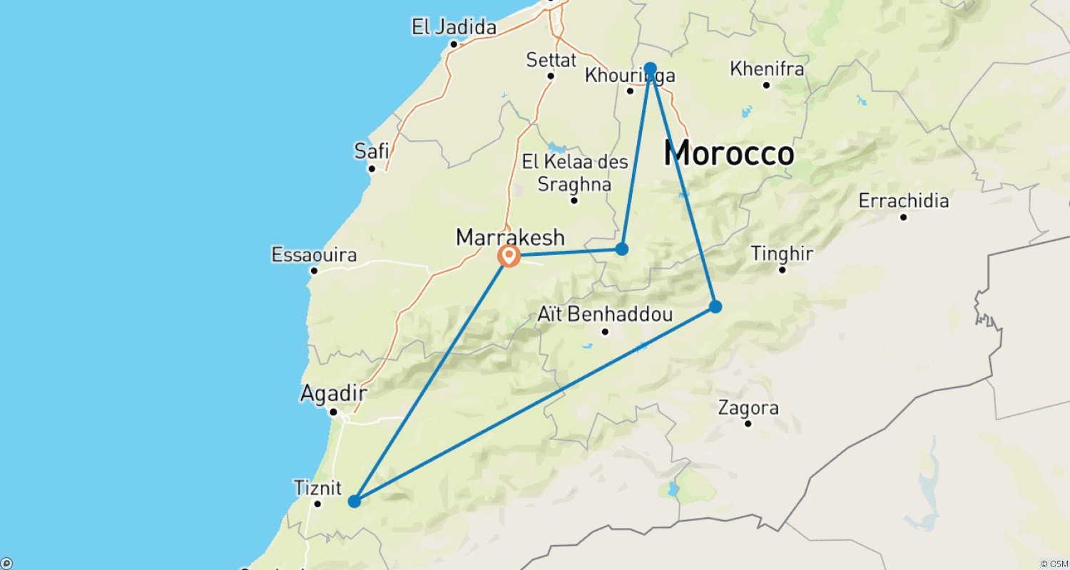 Mapa do percurso de Aventura de Bicicleta de 8 Dias de/para Marraquexe: Explorando as Montanhas do Alto Atlas e o Vale do Draa