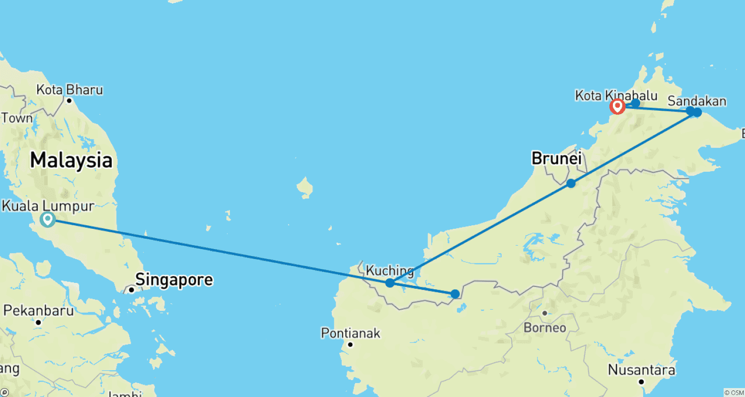 Mapa trasy: POGŁĘBIONA WYCIECZKA PO BORNEO I MALEZJI