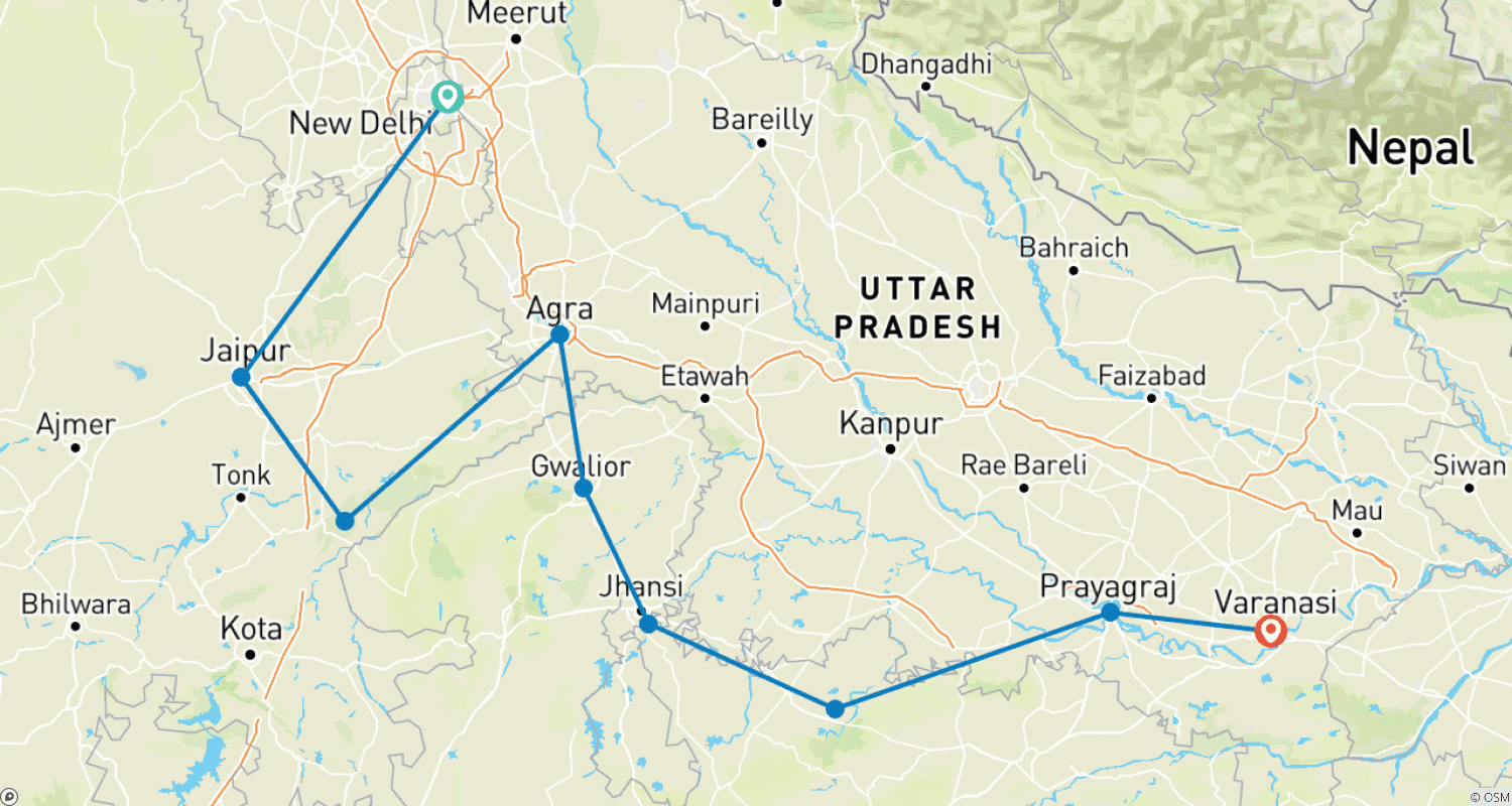 Mapa do percurso de Triângulo Dourado com Vida Selvagem e Varanasi – Taj, Tigres e o Ganges