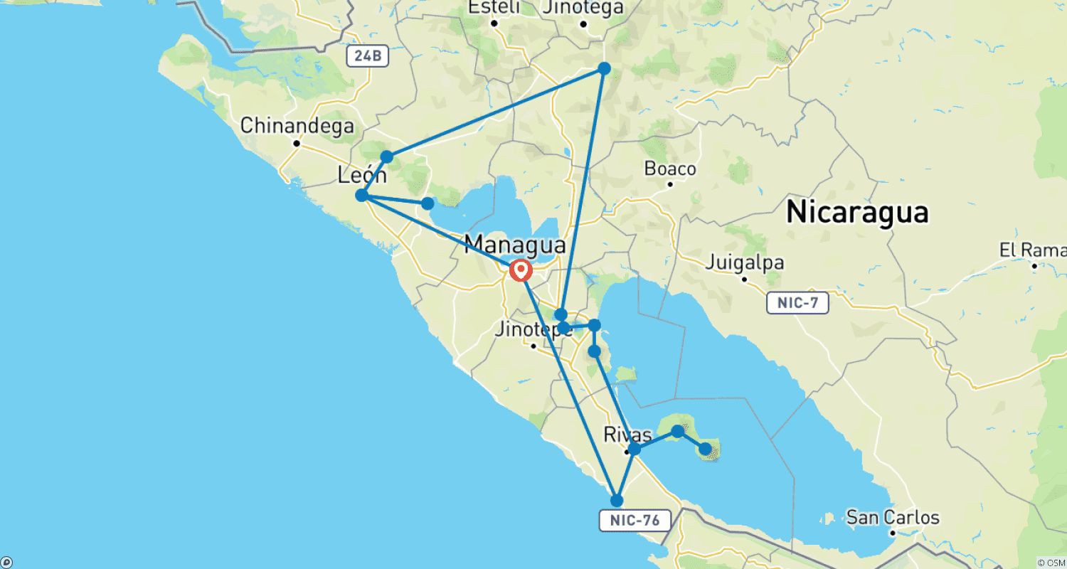 Mapa do percurso de Tour Privado Personalizado de 13 Dias pela Nicarágua, Partida Diária e Guia Exclusivo