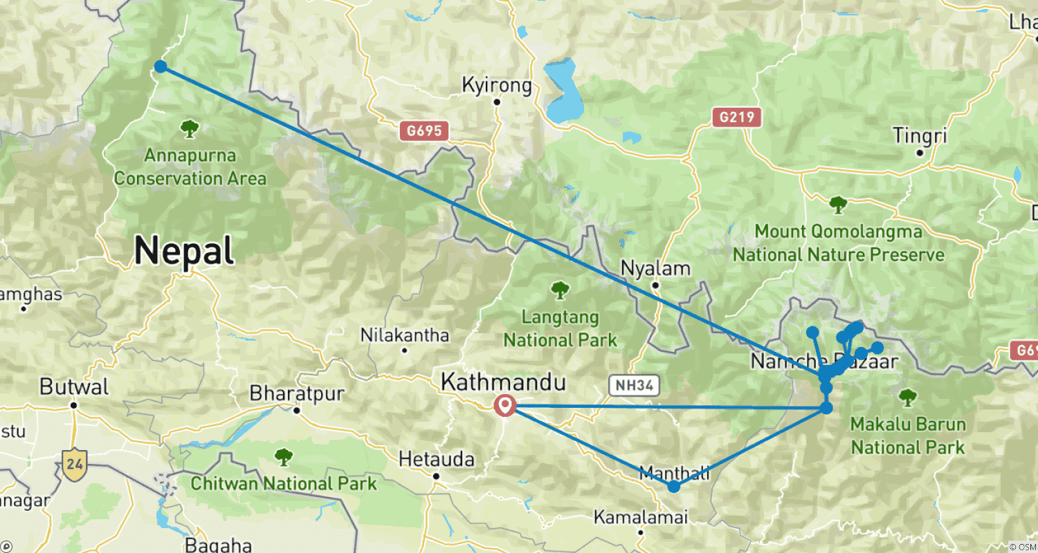 Mapa do percurso de Acampamento Base do Everest com Island Peak