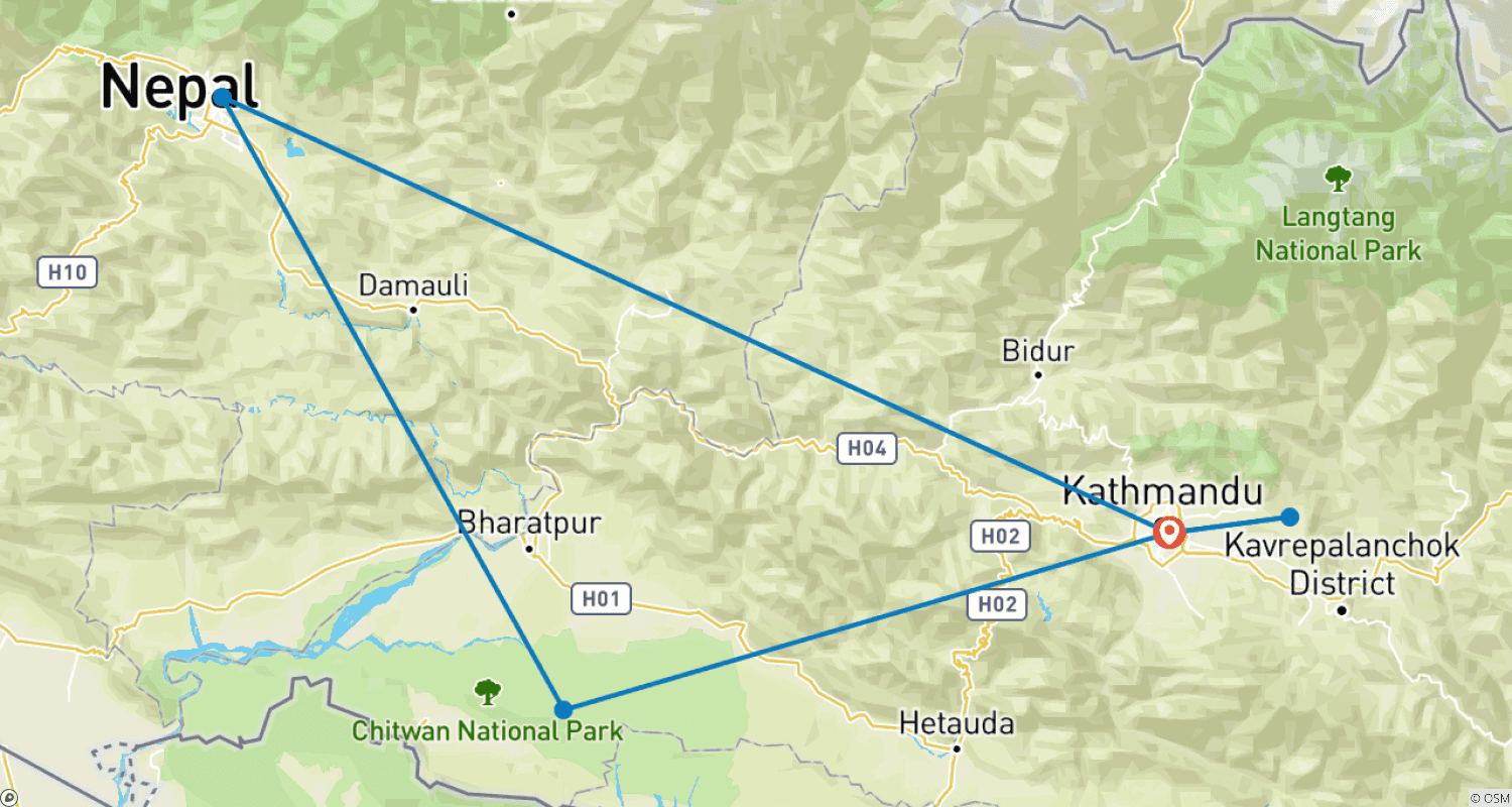 Mapa do percurso de Tour de Exploração no Nepal