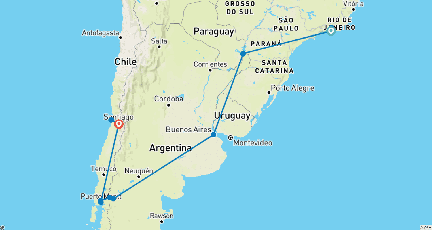Mapa do percurso de Odisseia Sul-Americana