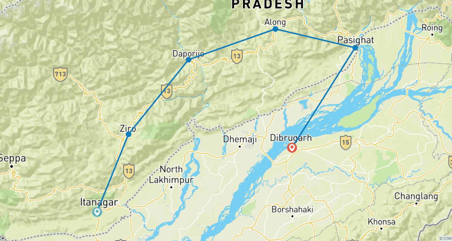 Mapa do percurso de Aldeias Tribais de Arunachal Pradesh