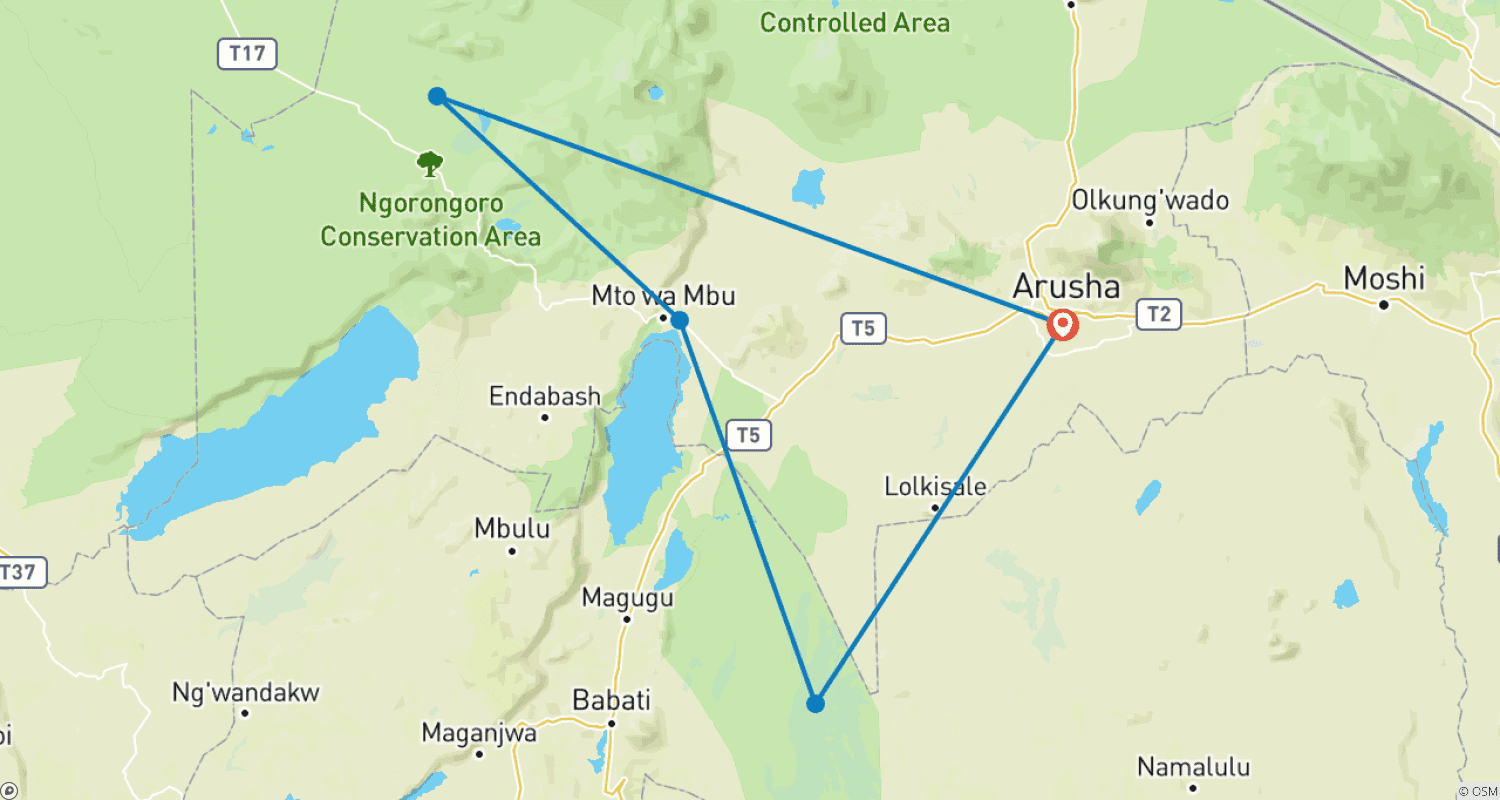 Mapa do percurso de Safari de 2 Dias em Lodge Econômico para Tarangire e Ngorongoro