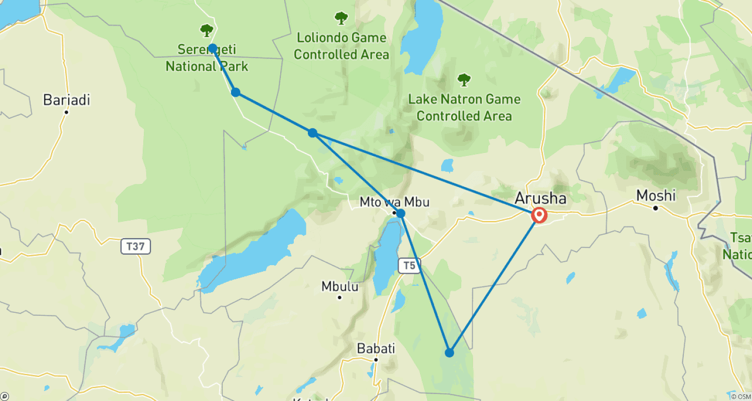Mapa do percurso de Safári Privado Econômico de 5 Dias: Tarangire, Serengeti e Ngorongoro