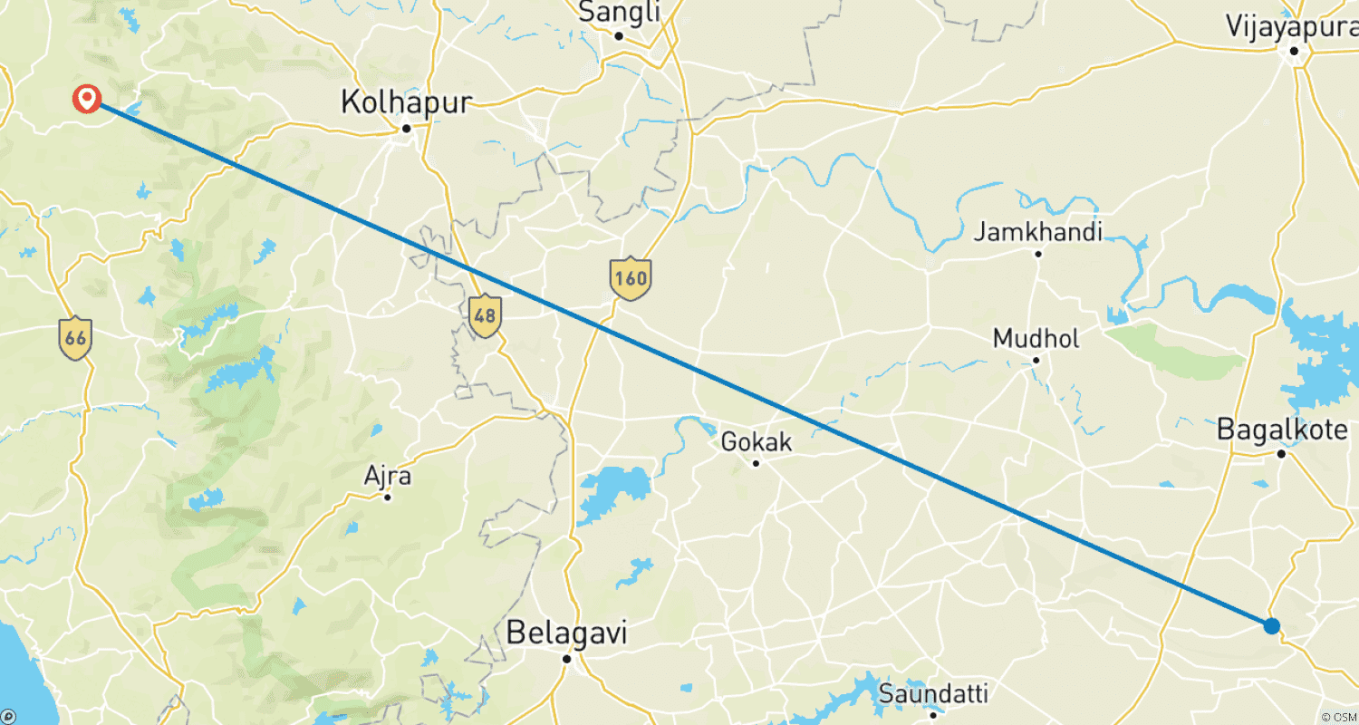 Mapa do percurso de Excursão de Extensão de Goa a Badami